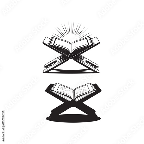 Open book on wooden stand with sunburst and shadow silhouette rehal