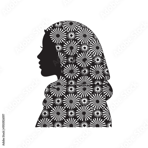 Profile silhouette of a woman wearing a hijab with a repeating radial starburst pattern filling the headscarf on a white
