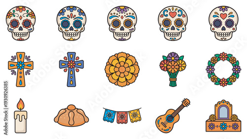Colorful Day of the Dead icons and traditional Mexican celebration elements are beautifully illustrated in this vibrant cultural collection.