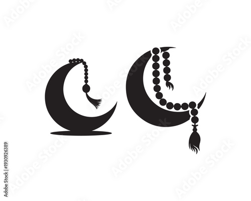 Two black silhouette of crescent moons each adorned with a hanging Islamic prayer bead necklace with a tassel on a white