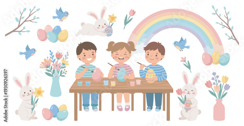 Three happy children paint colorful Easter eggs at a wooden table surrounded by cheerful spring elements and cute bunnies.