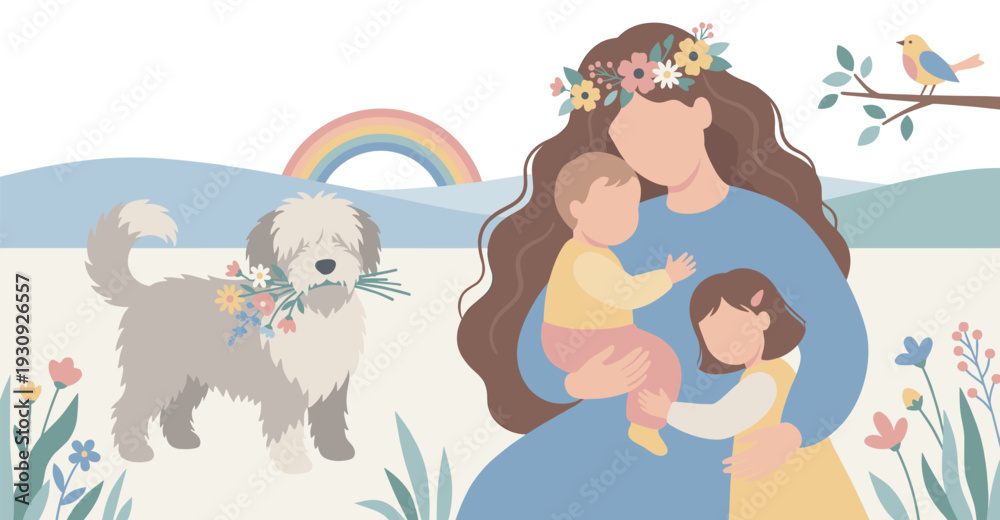 Fototapeta premium Happy family with their pet dog celebrating springtime outdoors, surrounded by flowers and a beautiful rainbow.