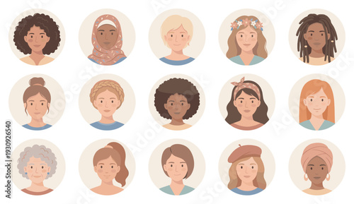 Diverse women avatars showcasing different ages, ethnicities, and hairstyles, representing global female community in a friendly illustration.