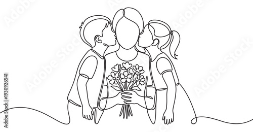 Mother receives loving kisses from her two children, a boy and a girl, holding a beautiful bouquet of flowers.