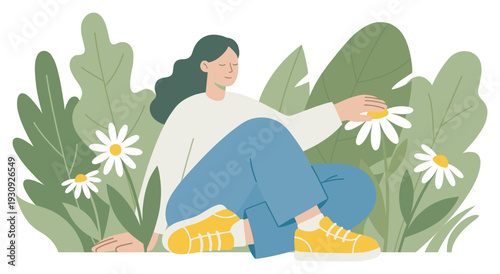Woman sitting peacefully in a field of flowers, gently touching a daisy and enjoying the serene natural environment.