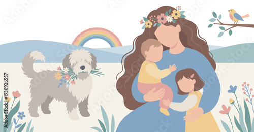 Happy family with their pet dog celebrating springtime outdoors, surrounded by flowers and a beautiful rainbow.