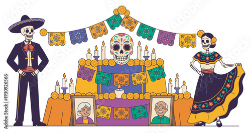 Mexican Day of the Dead celebration featuring festive skeletons and a vibrant altar adorned with traditional offerings.