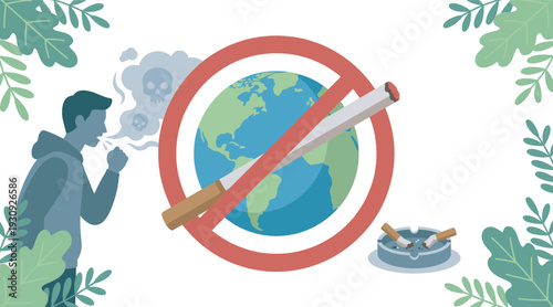 No smoking globe sign with person coughing and smoke containing skulls, illustrating the harmful global impact of tobacco on human health and the environment.