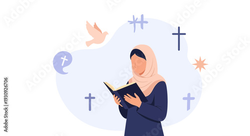 Woman Reads Religious Book With Symbols of Faith: Dove, Crosses, And Star Illustration