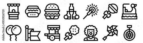 Set of 14 amusement park thin line icons: ticket office, balloons, hot dog, flag, food cart, bottle throw, cotton candy, clown, unicycle, pedal boat, pinwheel, lollipop, sparkler