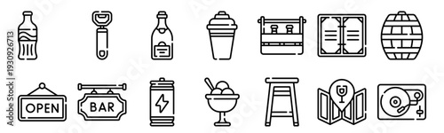 Set of 14 bar and beverage thin line icons including soda, bottle opener, energy drink, cocktail shaker, ice cream, chair and more in outline stroke style