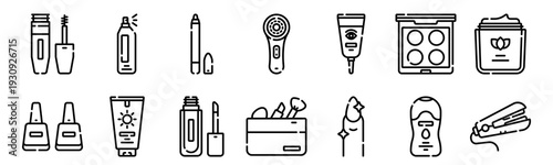 Set of 14 beauty cosmetics thin line icons including mascara, nail polish, hair spray, sunscreen, lip gloss, face brush, makeup, manicure. Editable stroke vector set