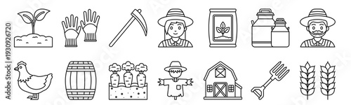 Set of 14 agriculture thin line icons including plant, chicken, gloves, wine barrel, carrot, farmer, scarecrow, barn in outline vector style