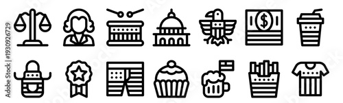 Set of 14 4th of July thin line icons including patriotic symbols, American celebrations, food, clothing, capitol building and festive elements in editable outline vector format