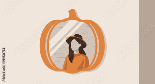 Woman Reflecting In A Pumpkin Mirror, Conceptualized Autumnal Illustration And Aesthetic