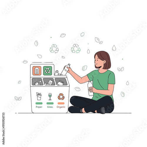 Woman Recycling Plastic Bottles Into Labeled Bins