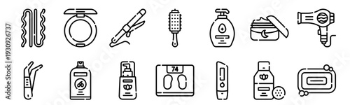 Set of 14 beauty and cosmetics thin line icons including bobby pin, tweezers, powder, shampoo, foundation, hair brush, weight scale, lip balm for web and graphic design