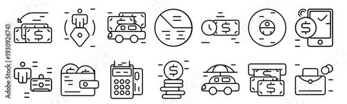 Set of 14 business and finance thin line vector icons including income, manager, life insurance, deposit, checkout, statistics, coin, insurance for web and digital projects