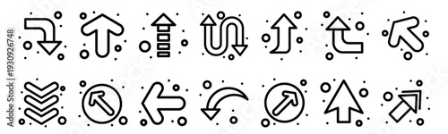 Set of 14 arrows thin line icons in outline style. Arrow down, up arrow, left turn, double arrows, directional navigation symbols. Vector illustration pack