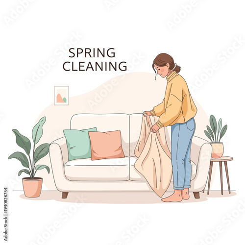 Woman Refreshing Living Room With Cozy Blanket And Plants