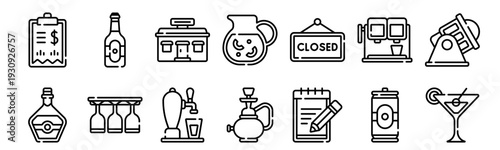 Set of 14 bar and drinks thin line icons including bill, whisky, beer bottle, glasses, beer tap, lemonade, hookah, order. Vector outline web pack