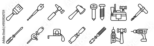 Set of 14 carpentry and woodworking tool thin line icons including paint brush, screwdriver, auger, hand drill, measuring tape, axe, chisel in outline vector format