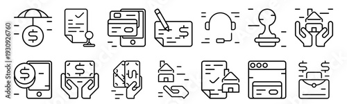 Set of 14 business and finance thin line icons including insurance, mobile banking, approved, money saving, pay, bank check, loan, mortgage, payment methods in vector outline style