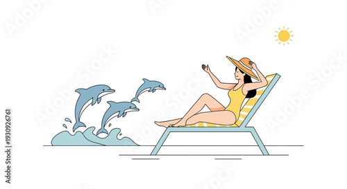 Woman Relaxing By The Ocean Watching Dolphins Jump Out Of The Water