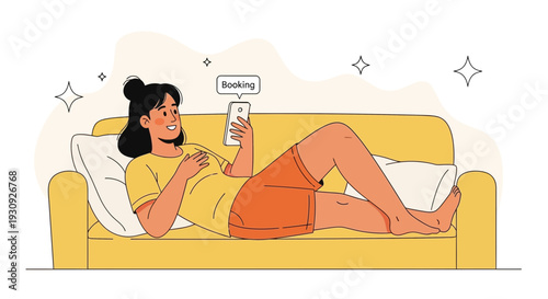 Woman Relaxing On Sofa While Booking Online Using Mobile Phone Vector Illustration