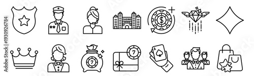 Set of 14 casino thin line icons including croupier, card game, gift box, diamond, casino chip, policeman, monarchy, protection. Outline vector collection for web