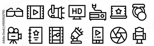 Set of 14 cinema thin line icons: 3D glasses, camera, play, script, film, HD, stage, mobile phone, spotlight, armchair, shutter, VHS player, makeup. Vector outline style
