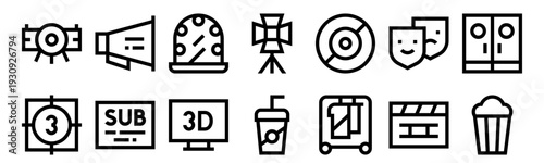 Set of 14 cinema thin line web icons: film, countdown, speaker, subtitles, spotlight, soda, wardrobe, popcorn, clapperboard. Vector outline illustration pack