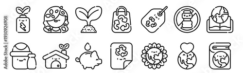 Set of 14 ecology and sustainability thin line icons including eco battery, recycling, water conservation, earth, green living and environmental care symbols
