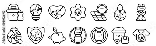 Set of 14 earth day ecology thin line web icons: recycle, energy, planet protection, plastic pollution, solar panel, environmental conservation vector illustration