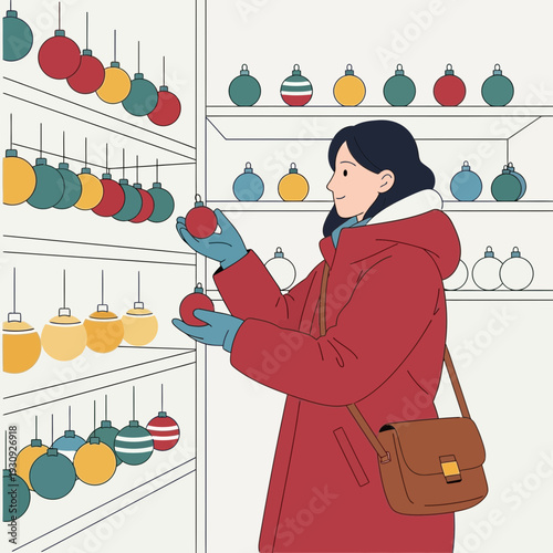 Woman Selecting Festive Christmas Ornaments for Holiday Decoration Shopping