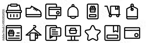 Set of 14 ecommerce thin line web icons including shopping basket, cart, shoes, hanger, chat, notification, online shop, favorite, browser, payment symbols for digital retail
