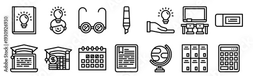 Set of 14 education thin line web icons including educational book, online learning, knowledge, calendar, highlighter, ebook, globe, calculator, and classroom elements