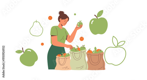Woman Selecting Fresh Fruits From Shopping Bags Healthy Lifestyle