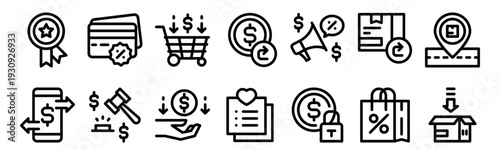 Set of 14 ecommerce thin line icons including premium quality, transaction, credit card payment, auction, cashback, refund, wish list, security and shopping elements