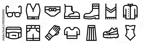 Set of 14 fashion clothing and accessories thin line icons including glasses, fanny pack, shirt, shorts, bracelet, boot, t-shirt, skirt. Outline vector icon collection