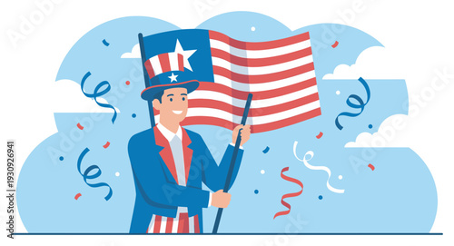 Patriotic man wearing a stars and stripes hat proudly holds an American flag, celebrating a national holiday with festive confetti and streamers.