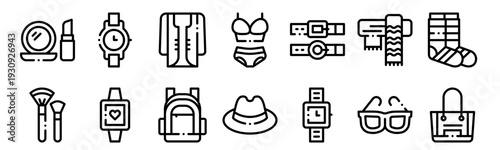 Set of 14 fashion thin line web icons: makeup, brushes, watch, wristwatch, backpack, lingerie, fedora hat, accessories. Vector outline style pack for web and app design