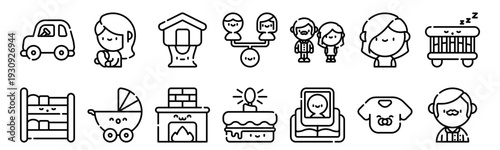Set of 14 family thin line icons including car, bunk bed, breastfeeding, baby stroller, fireplace, family tree, birthday cake, album in outline vector style