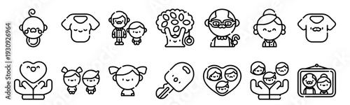 Set of 14 family thin line icons including baby, heart, mom, children, daughter, tree, car. Vector outline web icon pack for family relationships and parenting