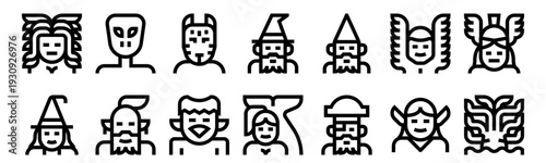 Set of 14 fantasy character thin line icons: medusa, witch, alien, genius, kappa, wizard, mermaid, pirate, kraken, athena, elf, icarus, gnome, kitsune. Vector outline collection