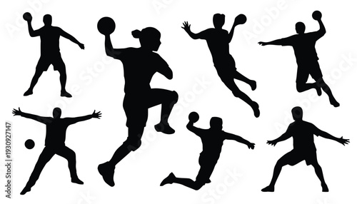 Collection of handball players silhouettes in action poses isolated on white background