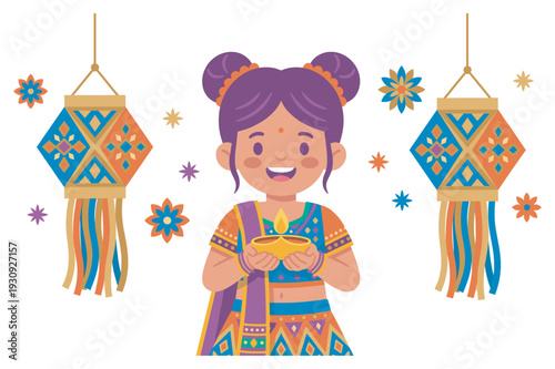 Adorable Indian girl joyfully holds a traditional lit diya, celebrating the festive spirit of Diwali with colorful lanterns.