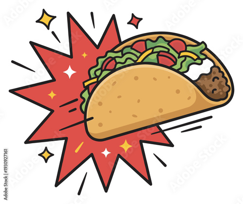 Delicious crunchy taco filled with fresh ingredients bursting with flavor and dynamic energy in a vibrant cartoon illustration.