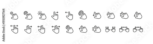 Collection of hand gesture icons for touch screen interaction gestures for digital devices