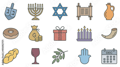 Jewish holiday symbols and Hanukkah celebration elements collection featuring traditional items for religious festivities and cultural events.